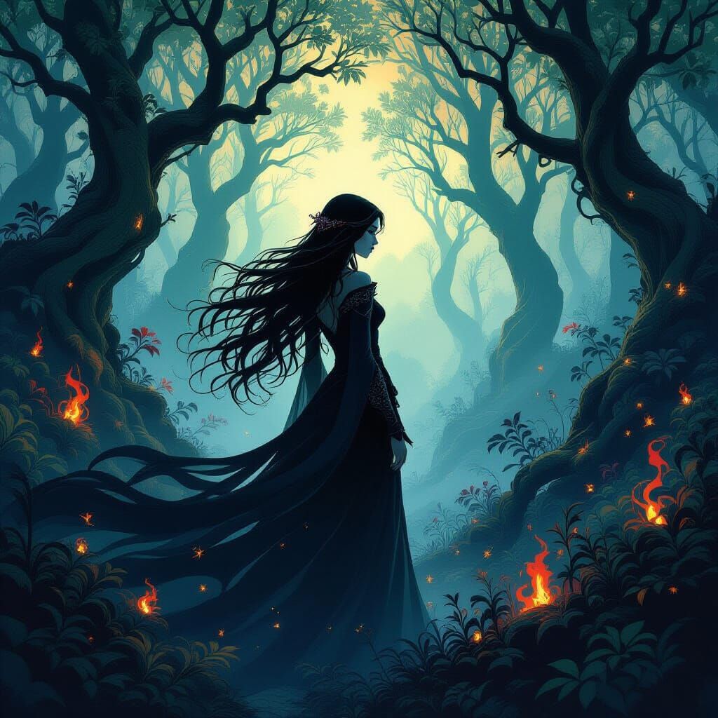 Ethereal Woman in Enchanted Forest Digital Painting