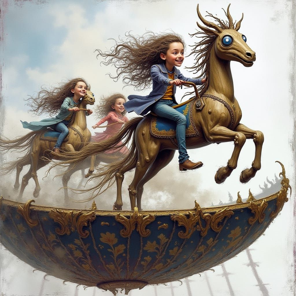 Tree-like Humanoid Drives Carousel: Dürer and Van Gogh Style