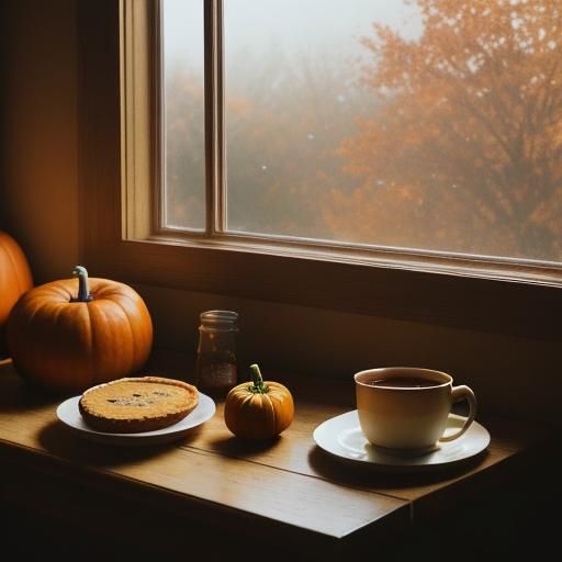Cozy Autumnal Still Life with Hot Apple Cider and Pumpkin Pi...