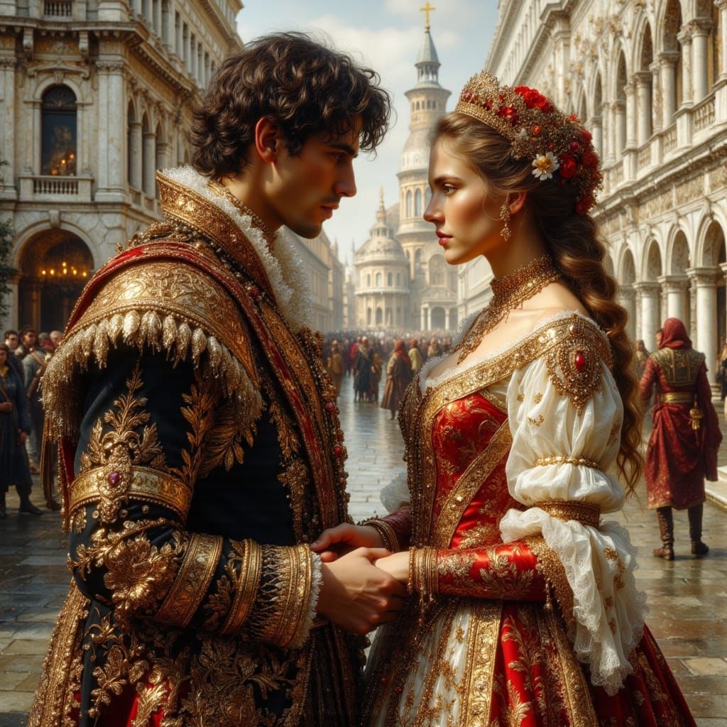 Italian Couple in Piazza San Marco as Impasto Oil Painting