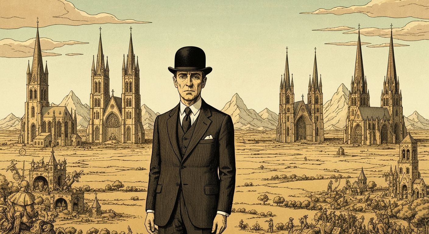 Surreal Belgian Landscape with Cathedrals as Mountains