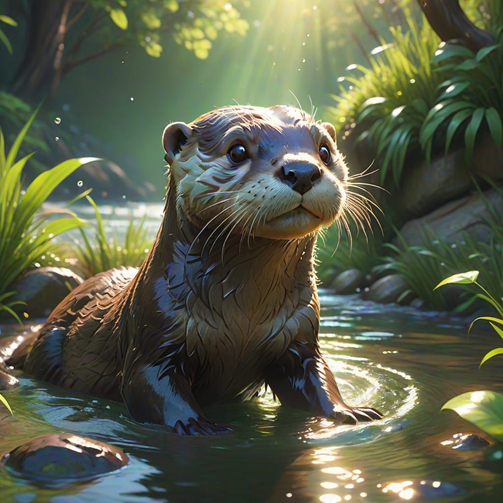 Playful Otter Dives: Vibrant Anime-Style Concept Art
