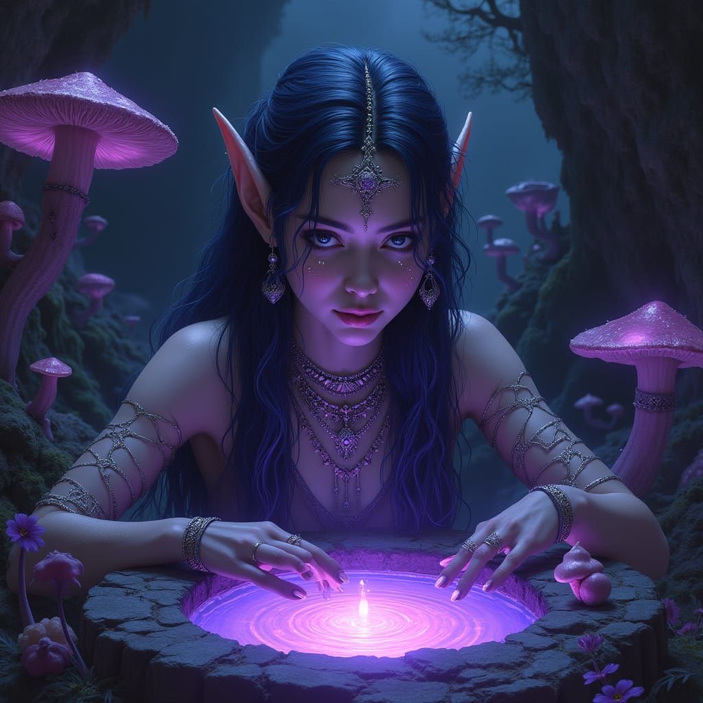 Dark Elf Oracle in Bioluminescent Cavern