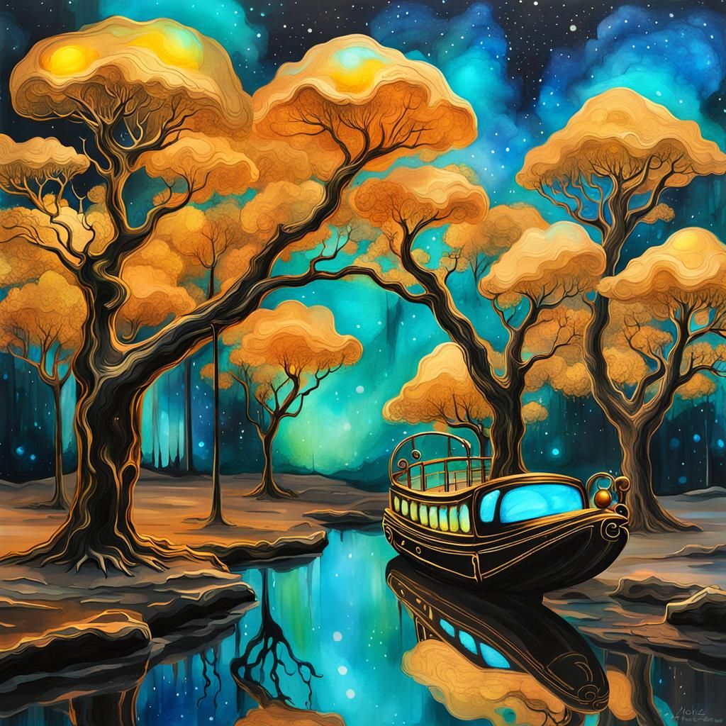 Bioluminescent Trees and Golden Carriage in Futuristic Park