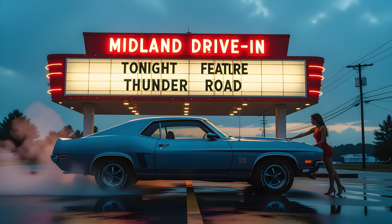 1970s Muscle Car at Drive-In Theater