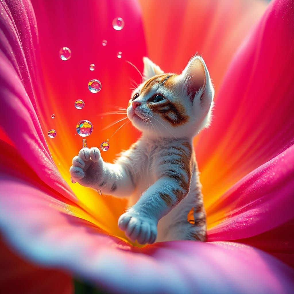Majestic Crystal Feline on Vibrant Flower Petal