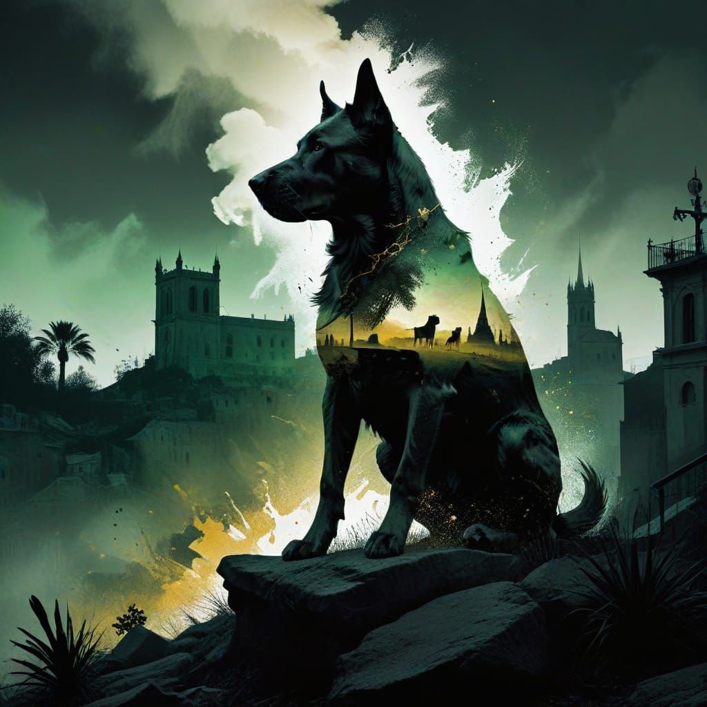 Dog Silhouette Double Exposure Urban Landscape Art