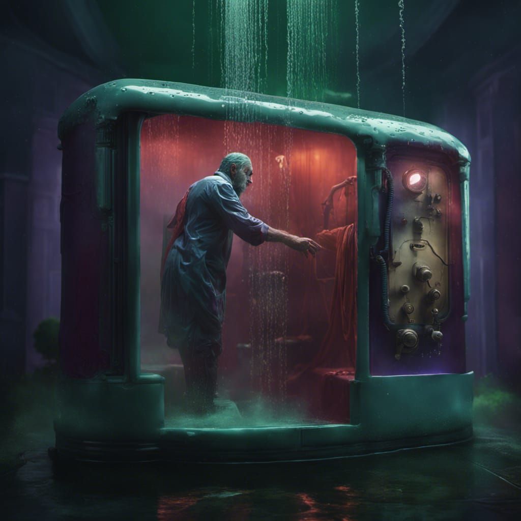 Blue and Purple Man in Shower: Fantasy Concept Art