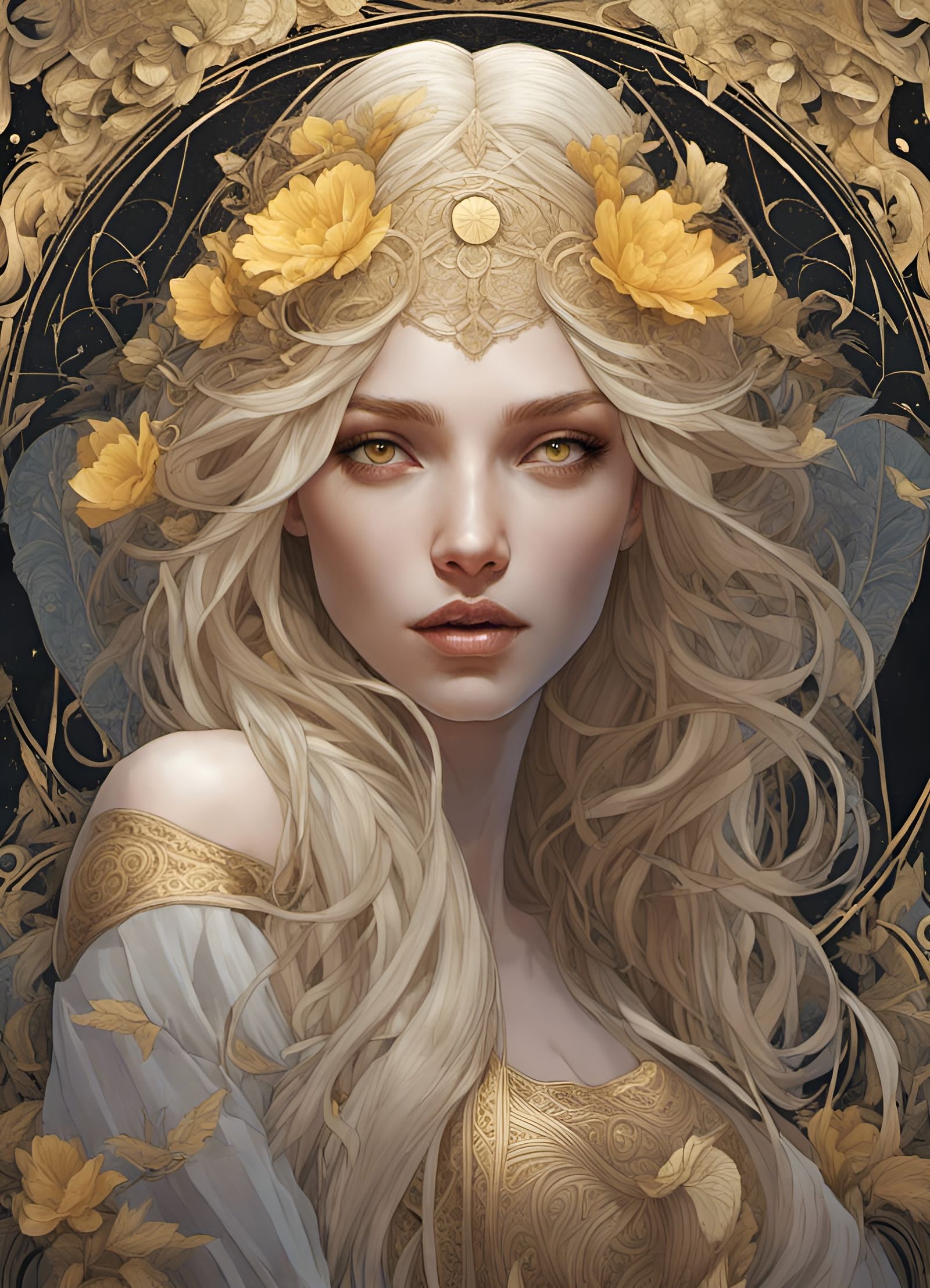Ethereal Goddess with Flowing Hair in Art Nouveau Style