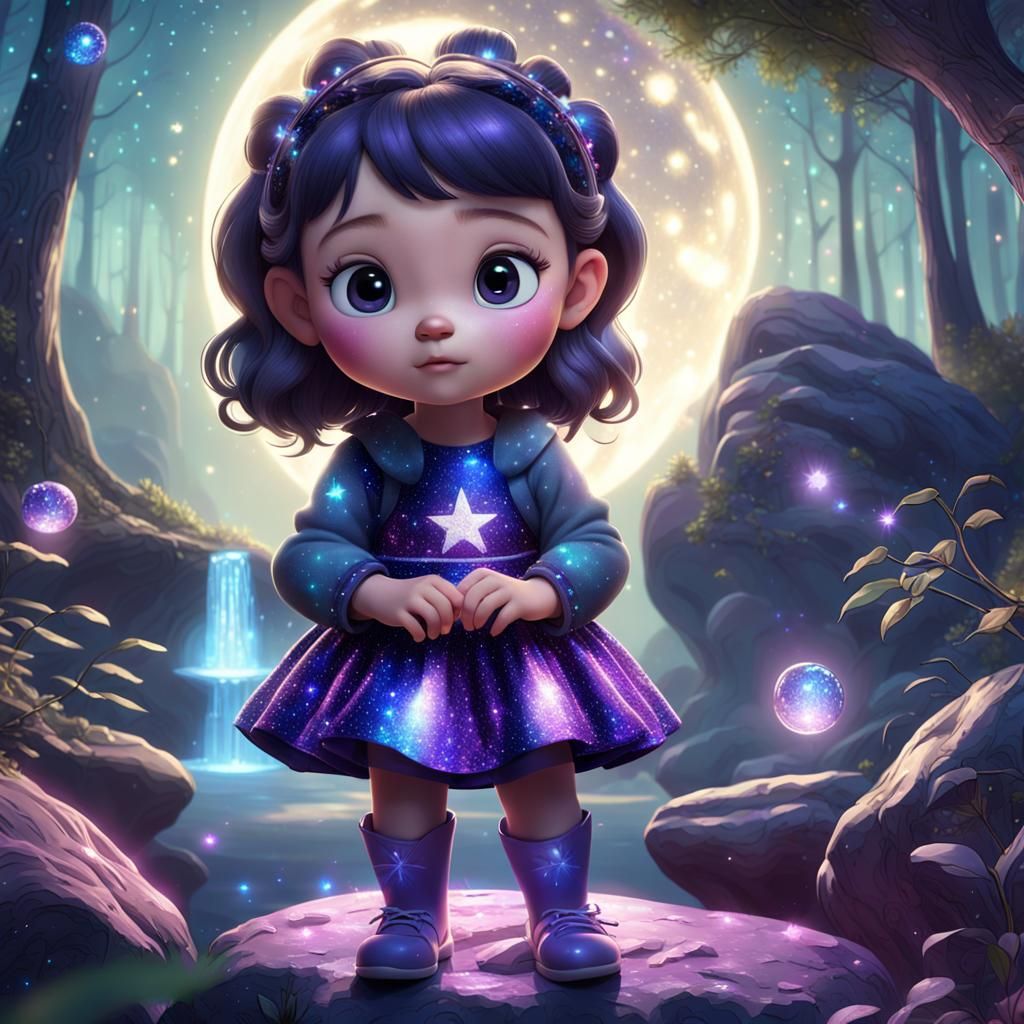 Cute Baby Girl in Starry Night Magical Forest