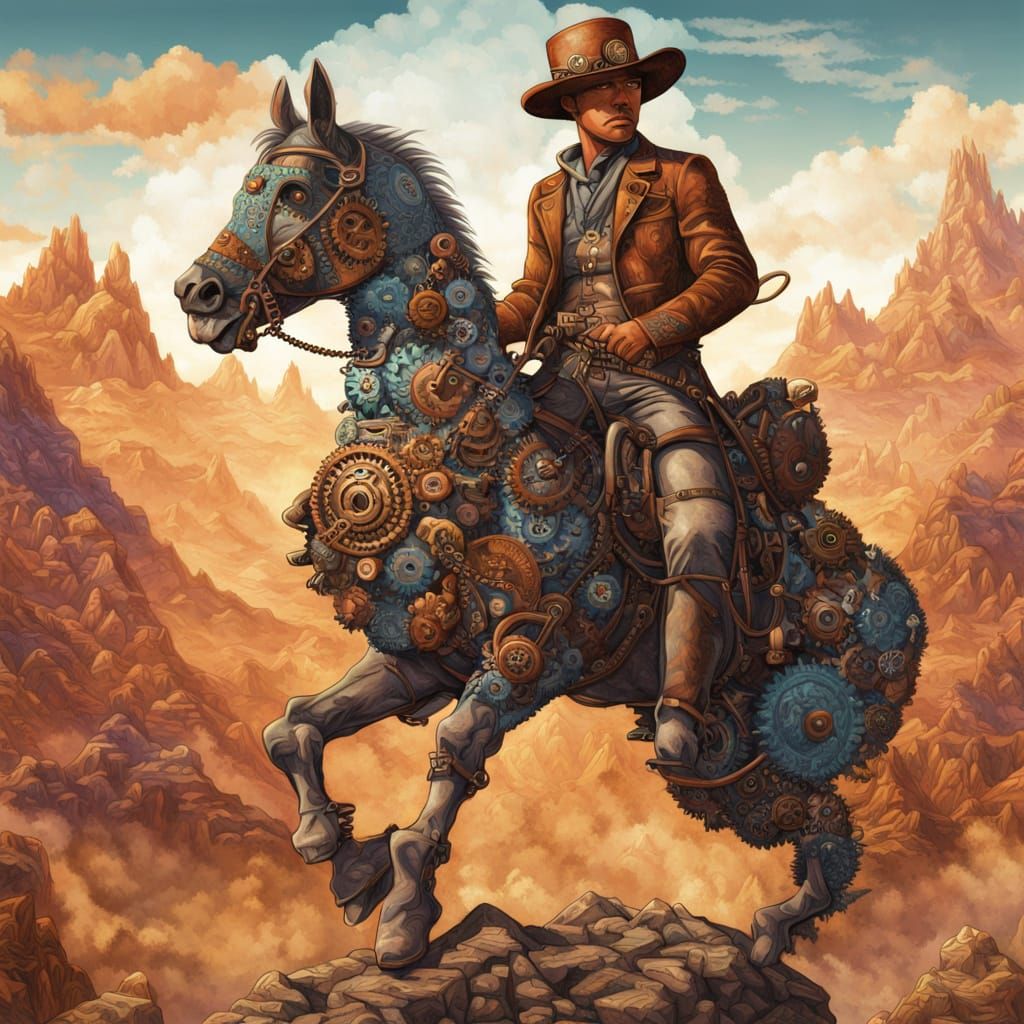 Steampunk Cowboy on Aztec Gear Horse