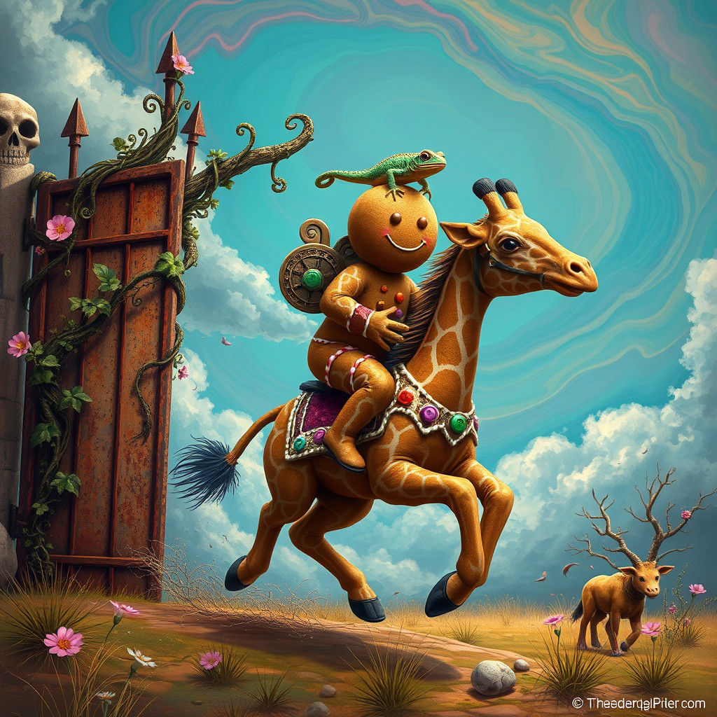 Gingerbread Man Rides Giraffe Through Fantasy Landscape