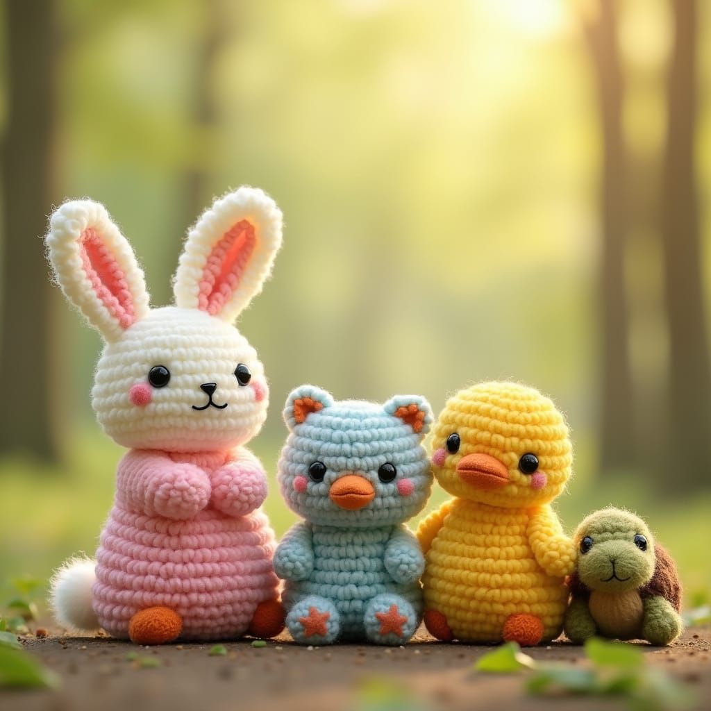 Adorable Handmade Pom-Pom Animals in Park Setting