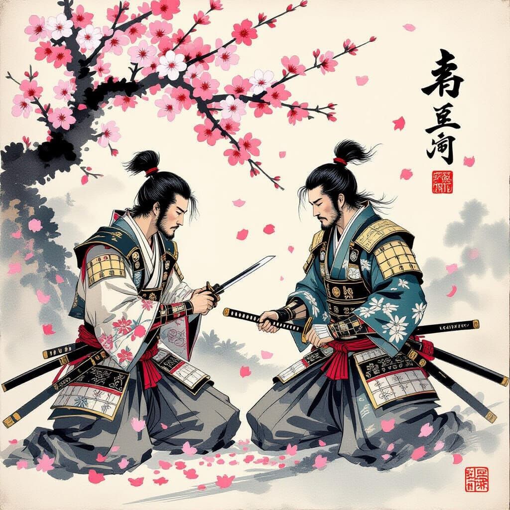 Samurai Writing Haiku Amidst Cherry Blossoms in Ukiyo-e Styl...