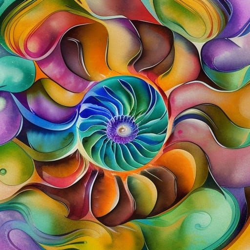 Rainbow Nautilus Shell Spiral in Gouache Style