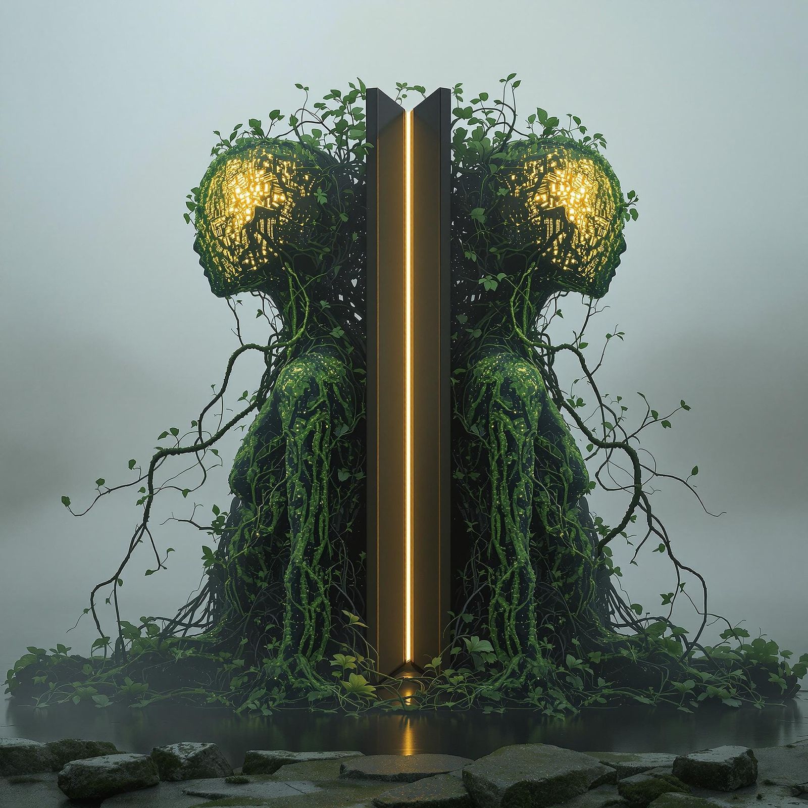 Green Humanoid Sculpture with Glowing Circuitry