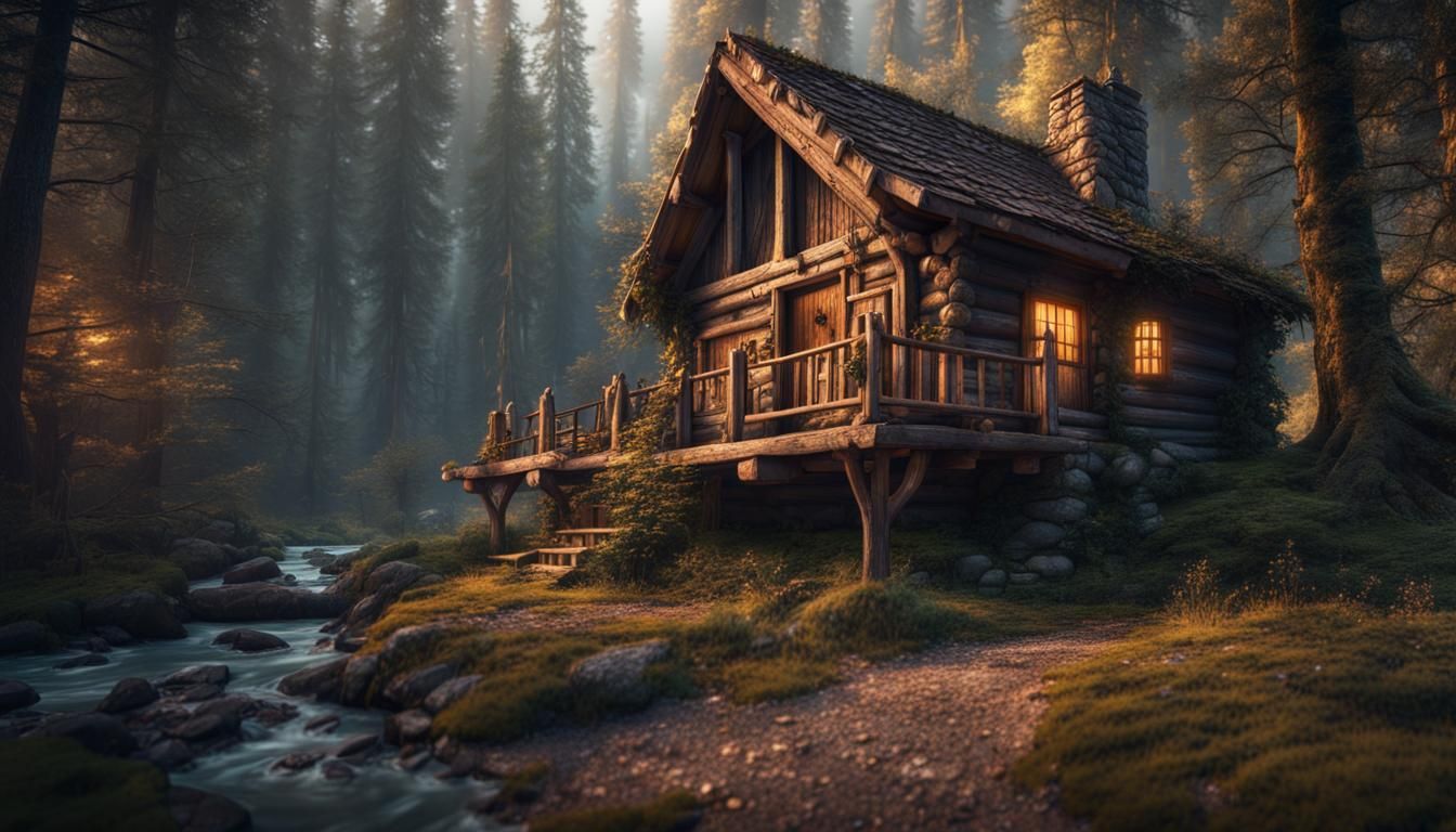 Rustic Cabin in the Woods: Detailed Matte Painting