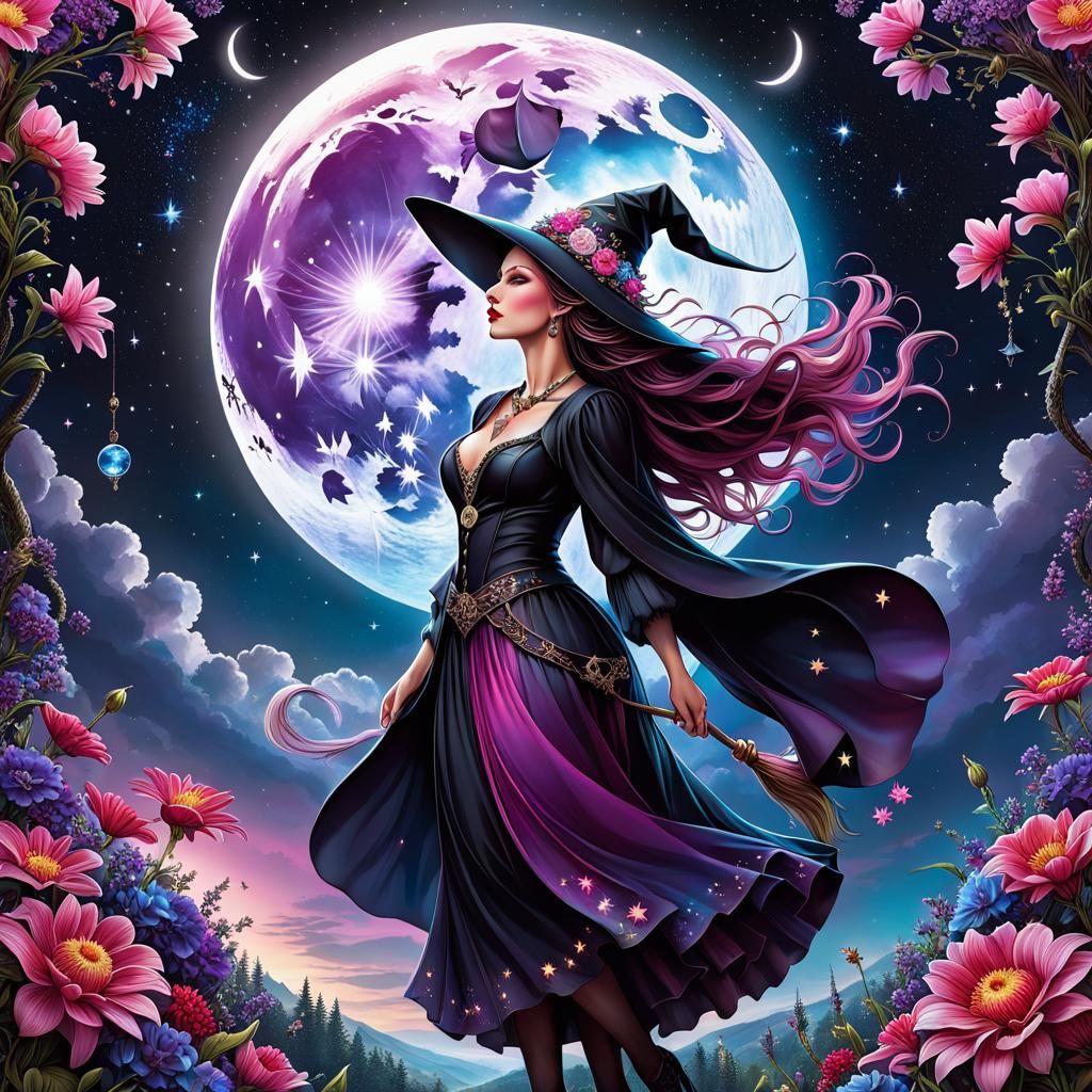 Crescent Moon Witch in Moody Fantasy Sky
