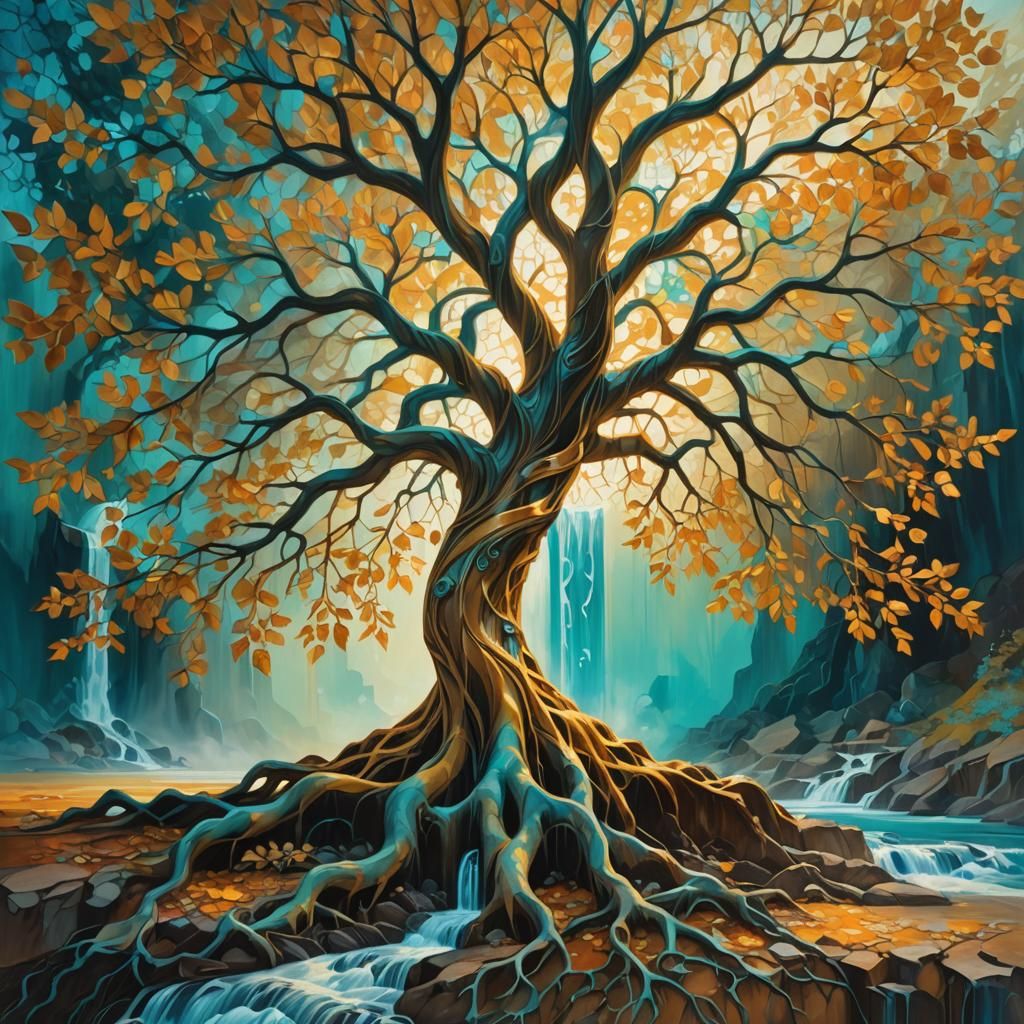 Surreal Amber Tree in Dreamlike Fauvist Landscape