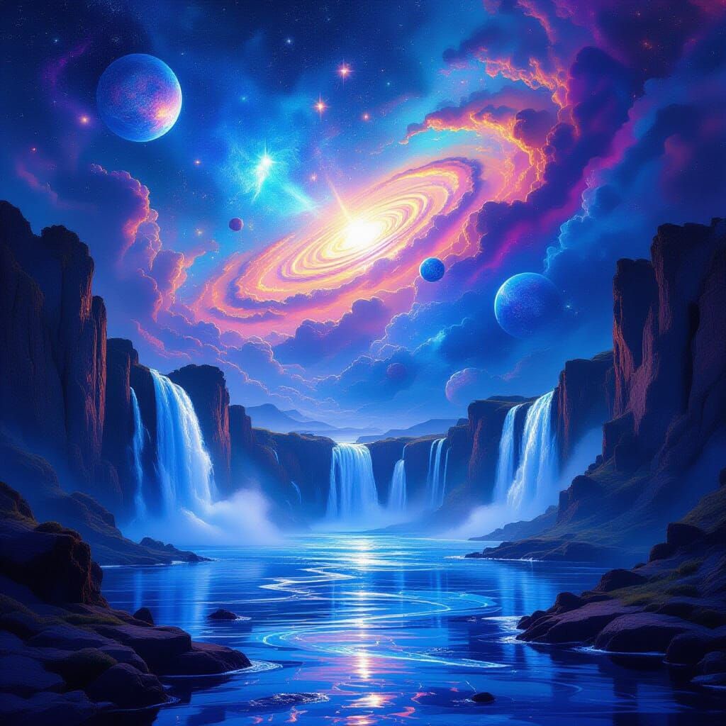 Vibrant Cosmic Water World with Starry Galaxy