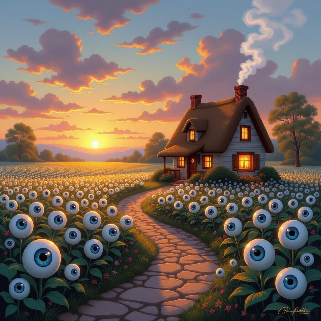 Cozy Cottage in Surreal Eyeball Plant Field
