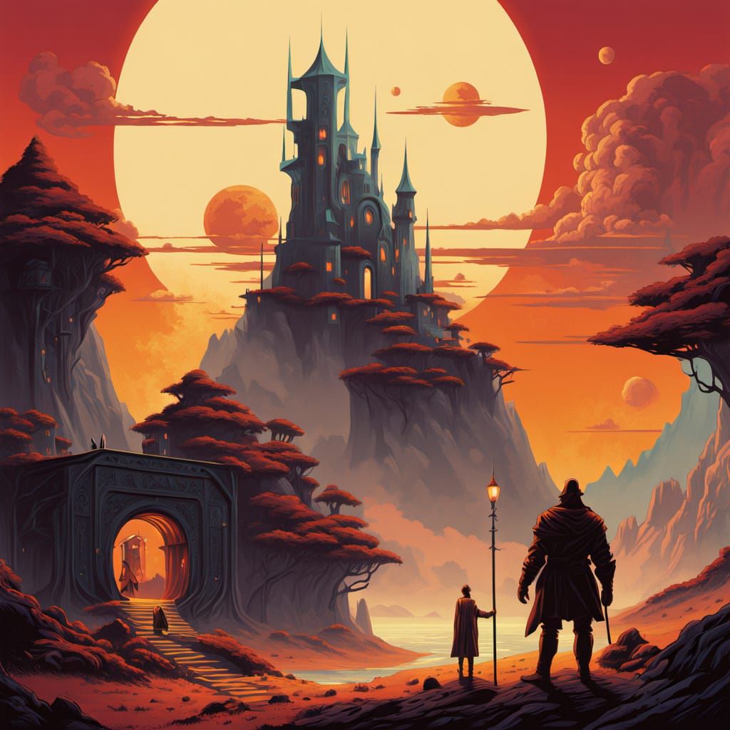 Medieval Tavern Sign with Heroes: Digital Art