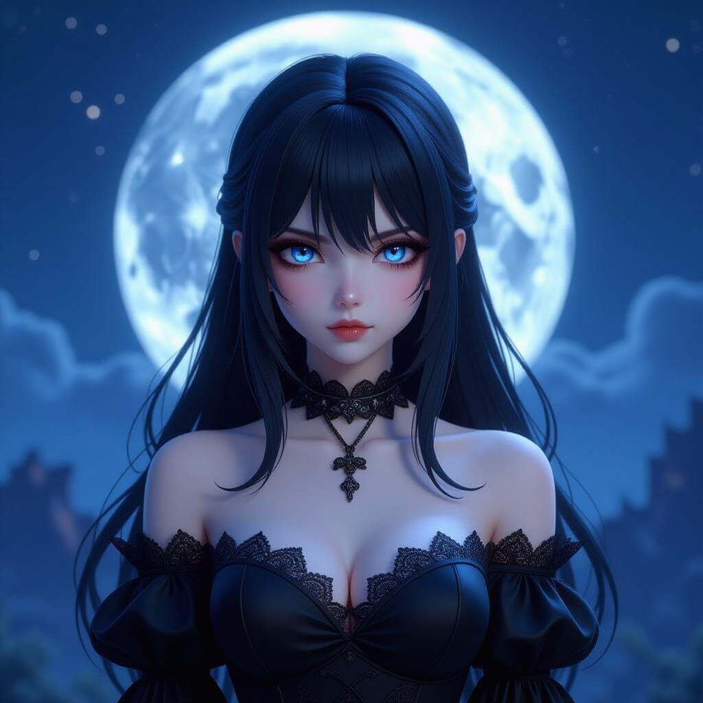 Gothic Teen Girl in Mystical Night Landscape, 3D Anime Style