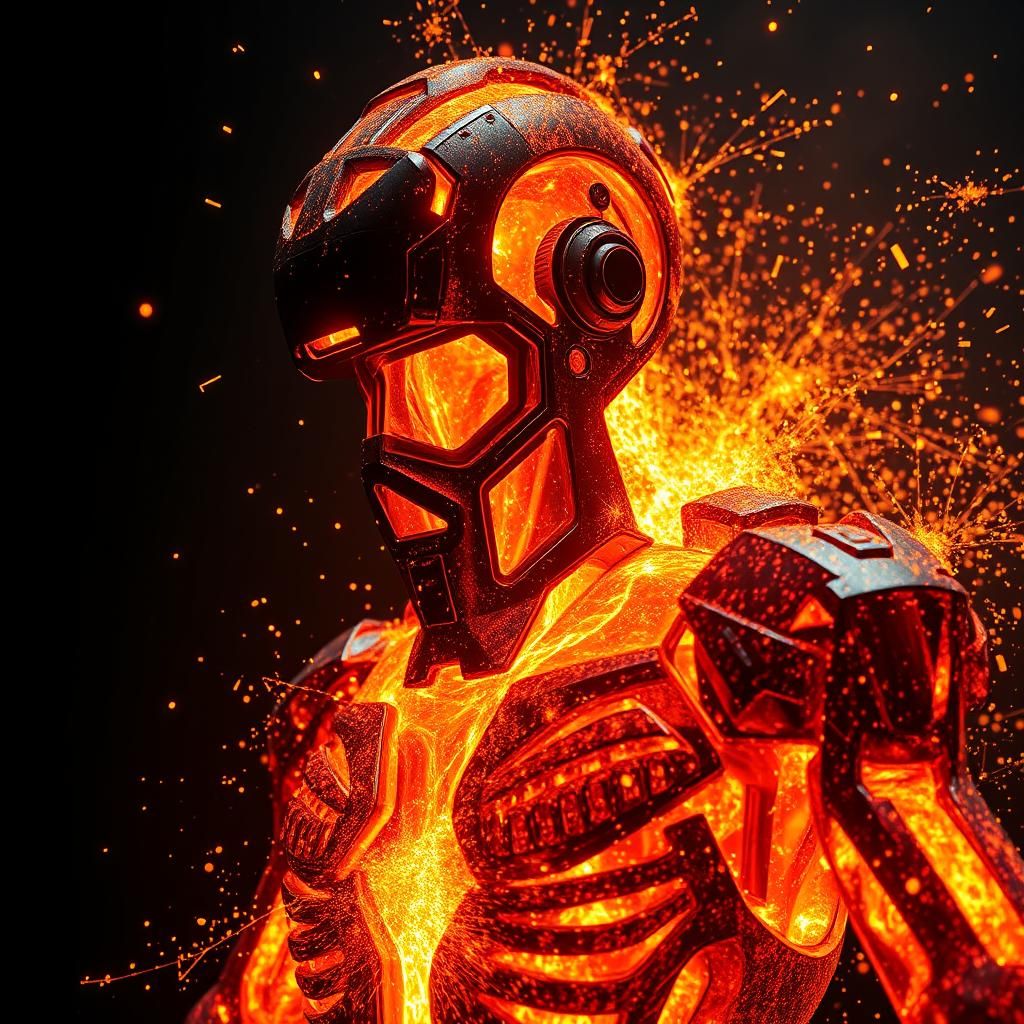 Molten Metal Cosmic Humanoid in Fiery Explosion