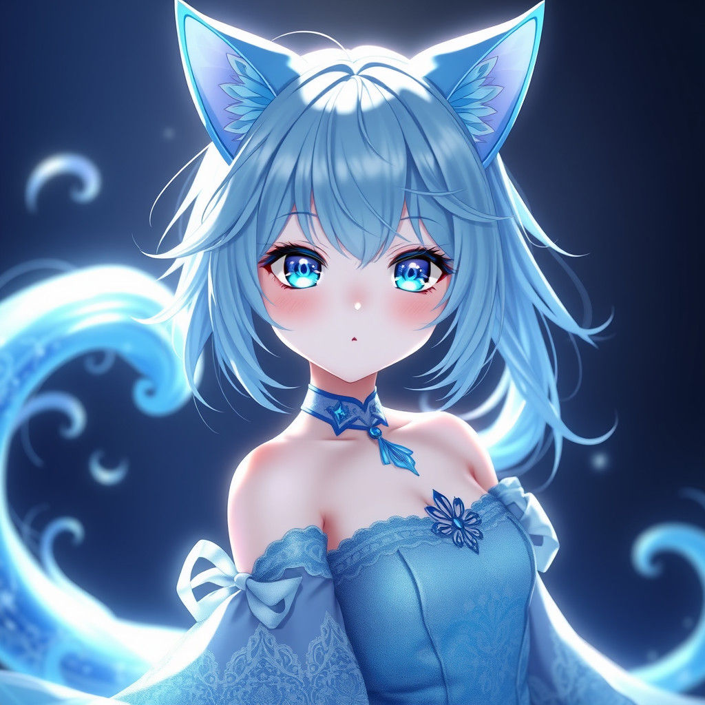 Blue-Haired Anime Girl with Cat Ears in 3D