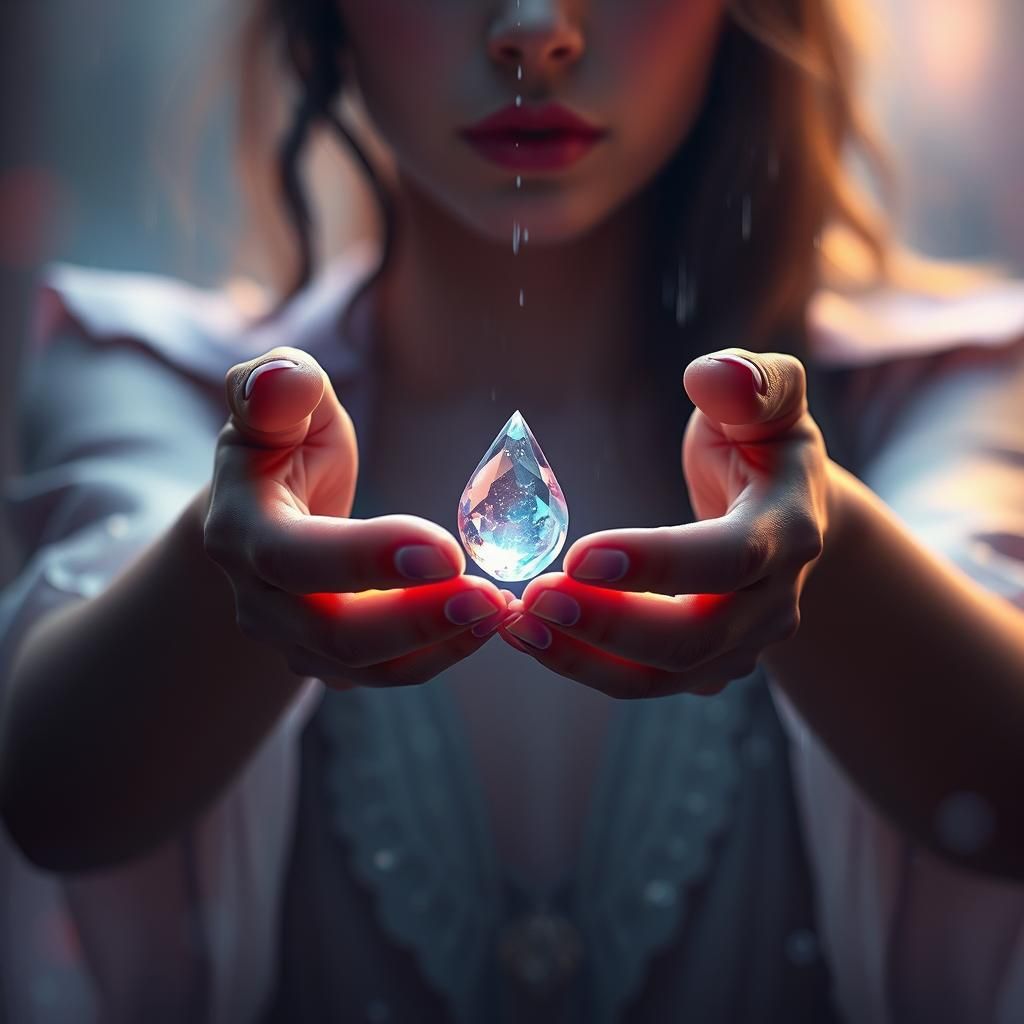 Hands Catching Crystal Raindrop in Dreamlike Fantasy Art