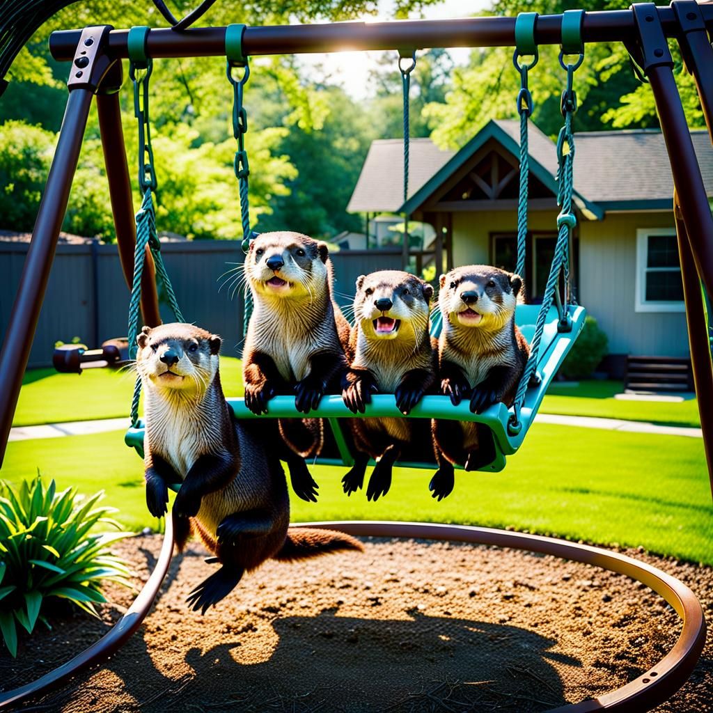 River Otter Family's Backyard Swing Set Adventure