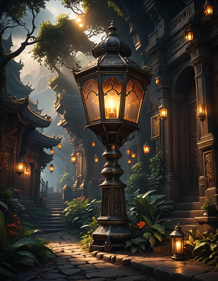 Elegant Lantern Lights Path in Digital Matte Painting