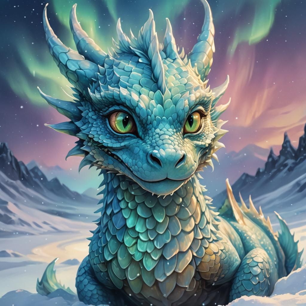 Blue Dragon Portrait with Northern Lights