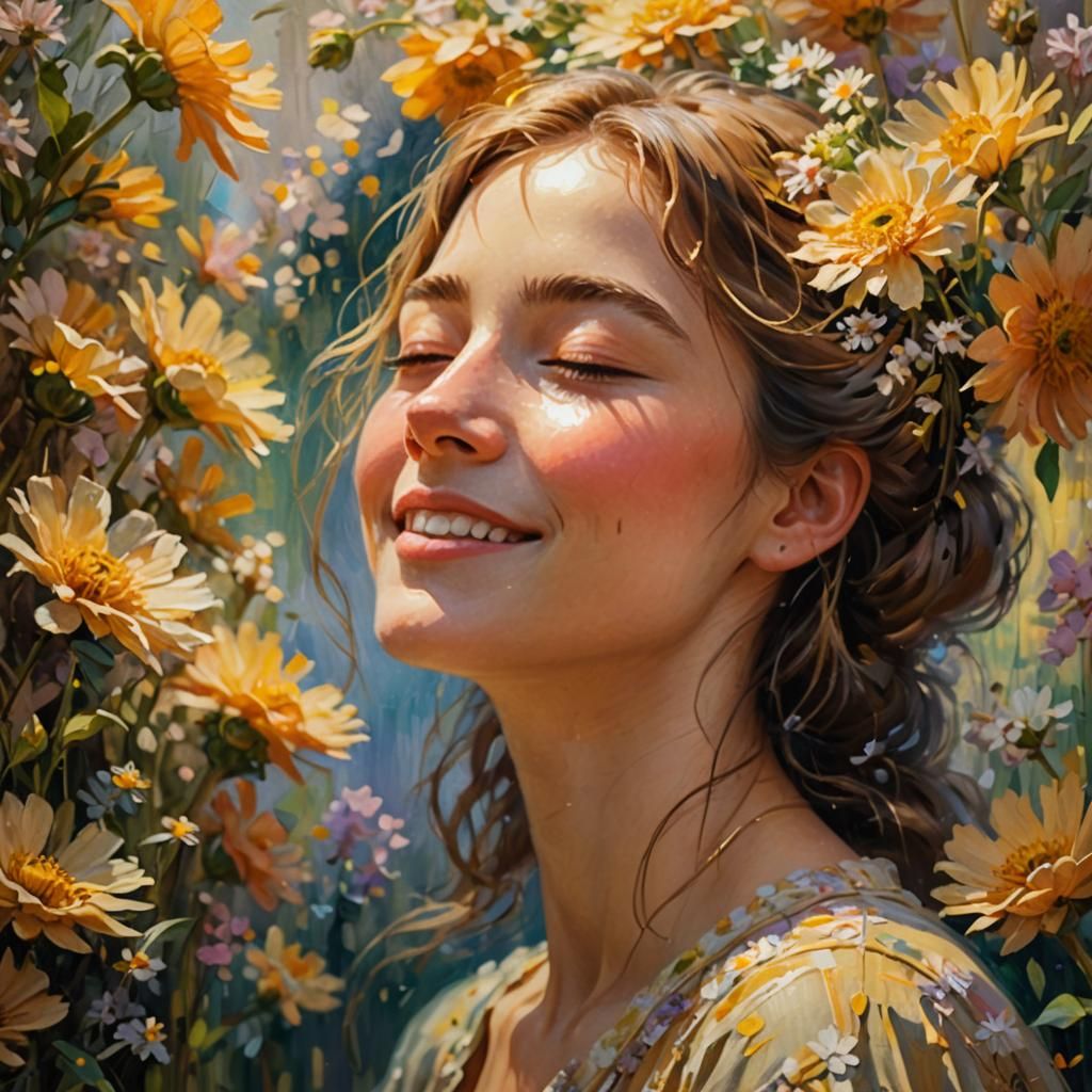 Impressionist Woman Surrounded by Flowers in Sunlight