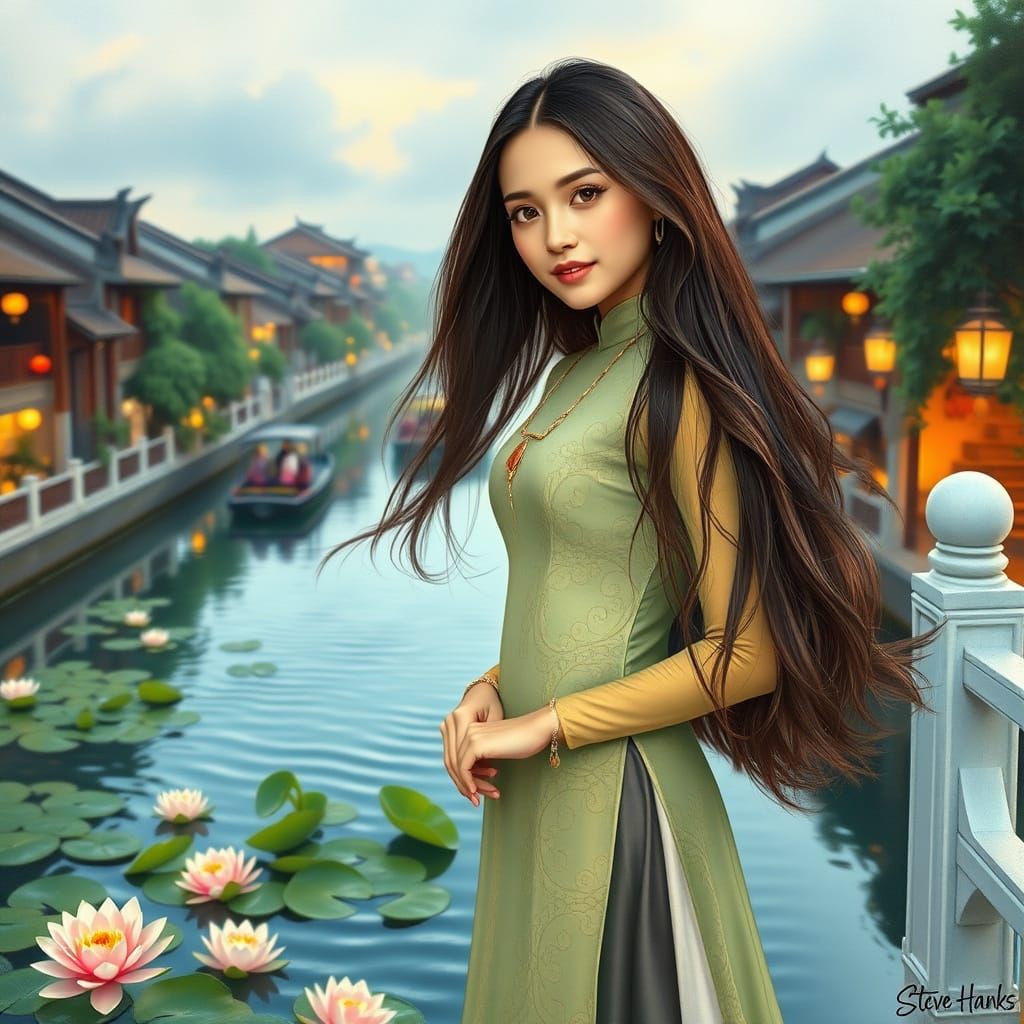 Vietnamese Woman in Ao Dai on Hoi An Bridge