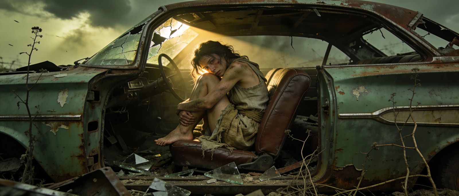 Resilient Woman Finds Shelter in Ruined Car