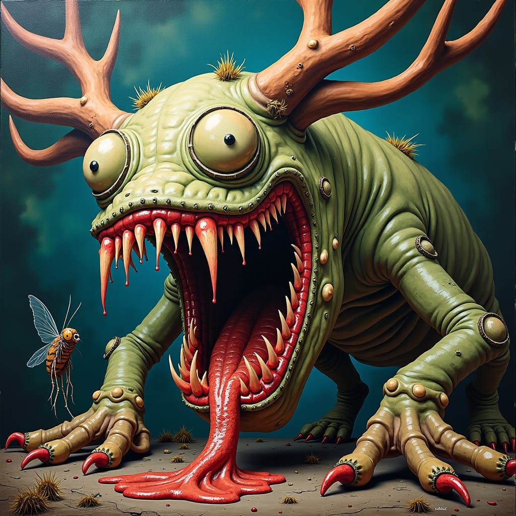 Terrible ugly carnivorous plant with eyes, huge teeth chewing a fleas with open mouth, wet deer eyes, slime, highly deta...