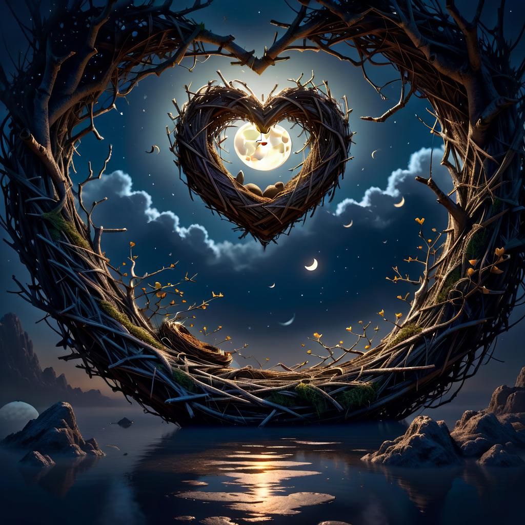 Heart-Shaped Nest Floating Under the Moon: Fantasy Art