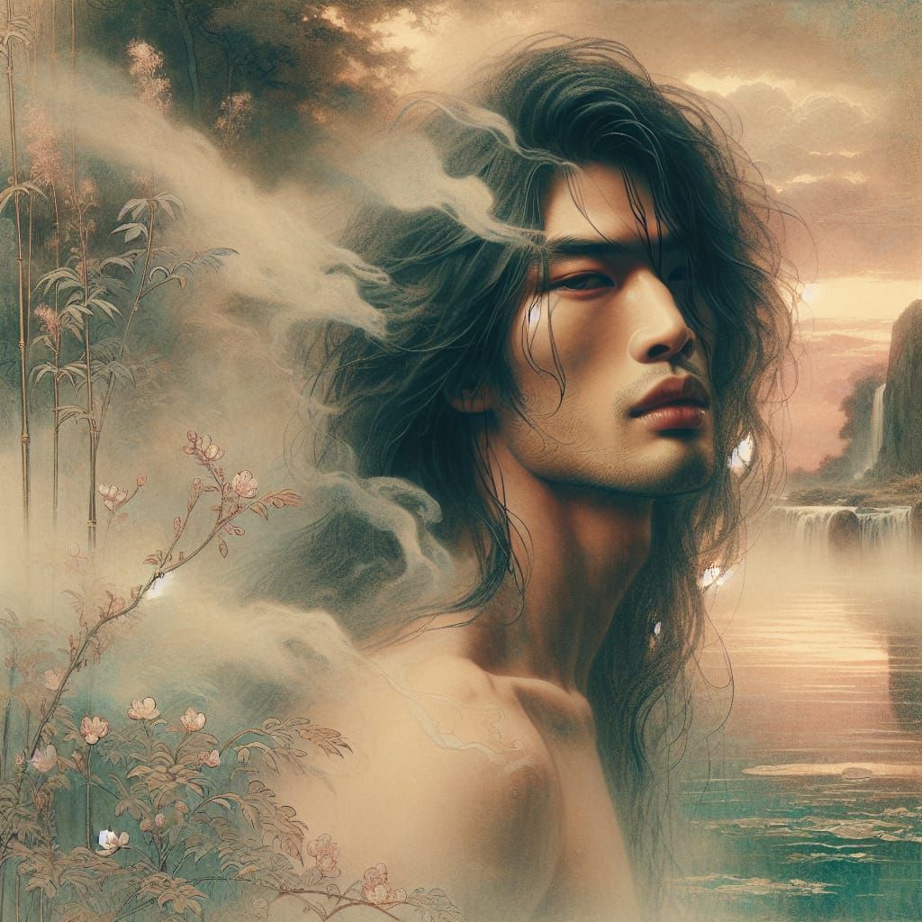 Dreamy South Asian Man in Ukiyo-e Style