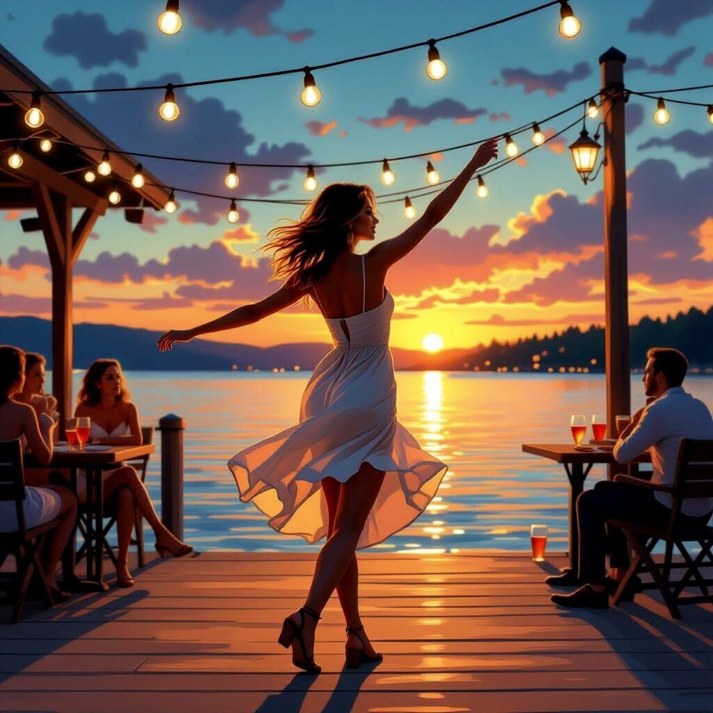 Vintage Summer Party at Lake Pier, Oil Painting