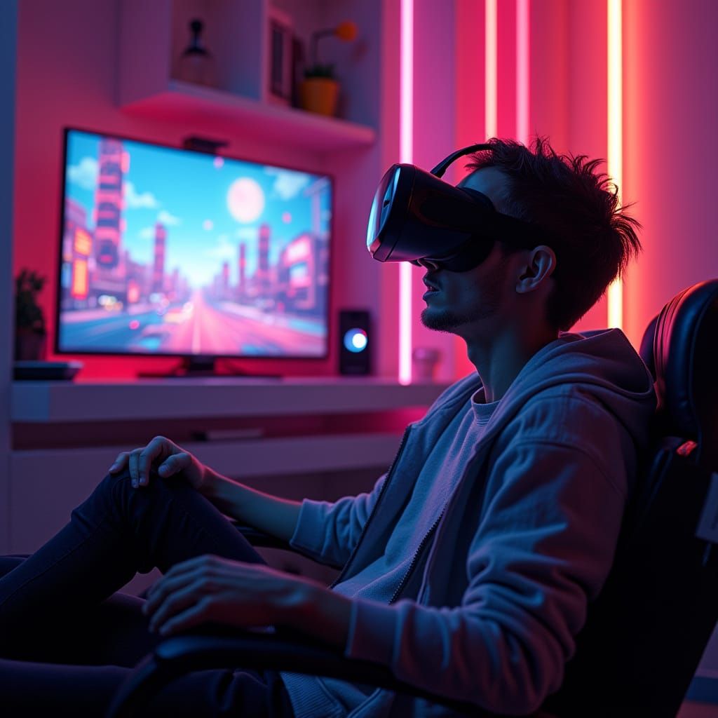 VR Gamer in Neon Cyberpunk Apartment