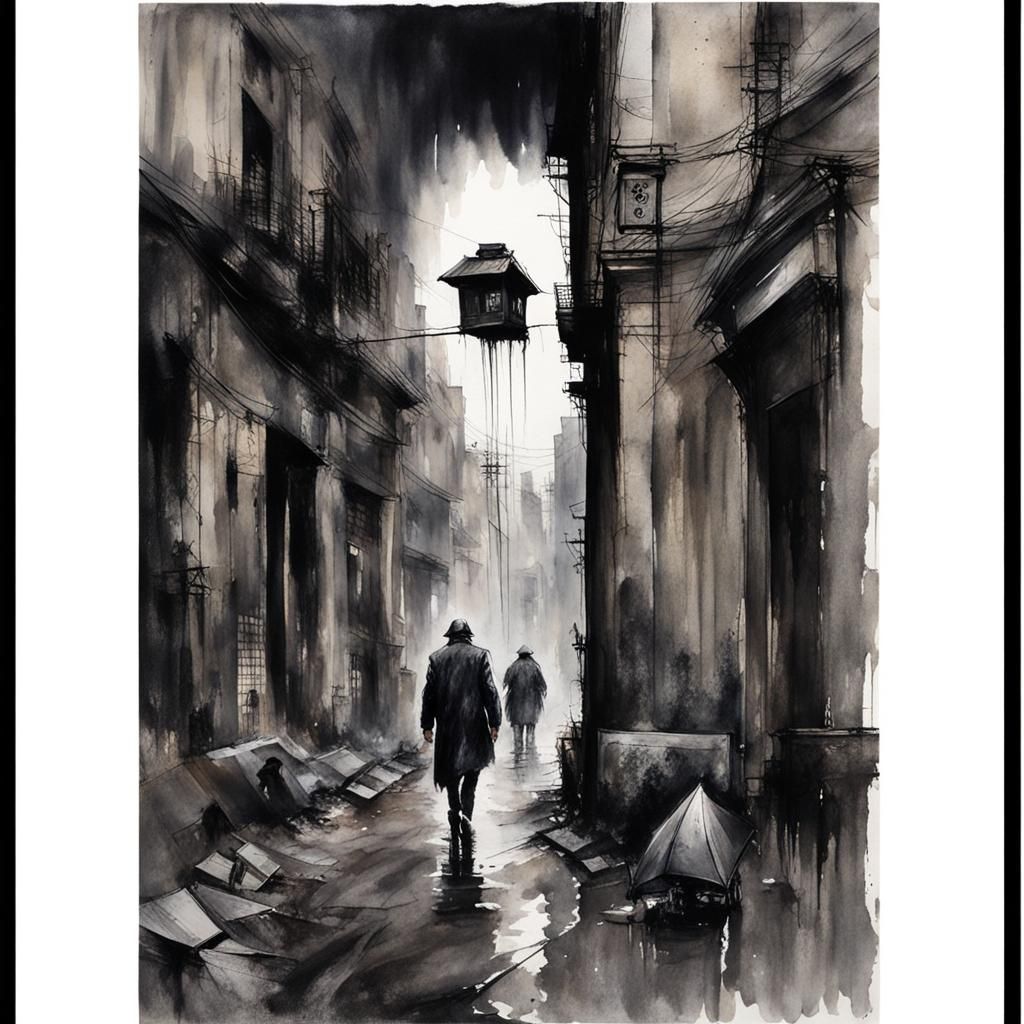 Watercolor Hungry Ghost Sweeping Desolate City