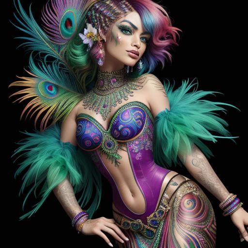 Rainbow Woman with Peacock Feathers in Abstract Art