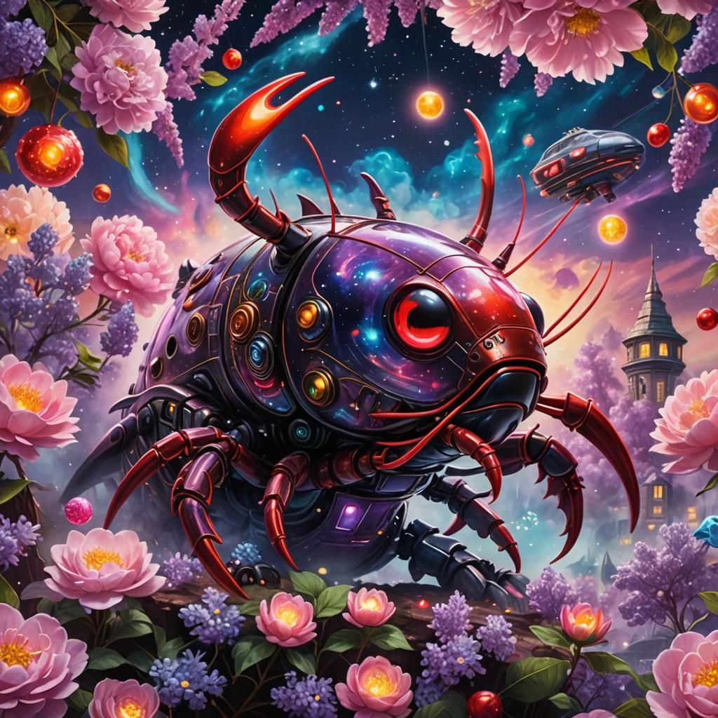 Smoke Lobster and Cherry Observe Spaceship: Hyperrealistic C...