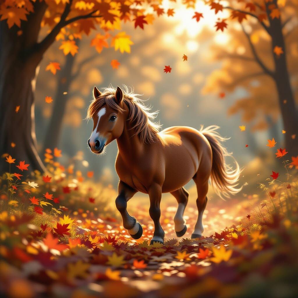 Cute Pony Trotting Through Fall Leaves in Vibrant Digital Pa...