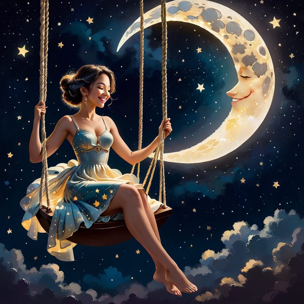 Woman Swinging Under Starry Moon, Mixed Media
