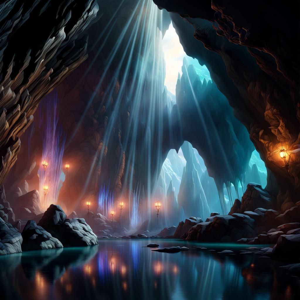 A big cave, with cristal glass  walls. The light is great. Reflections  of light everywhere  Epic cinematic brilliant st...