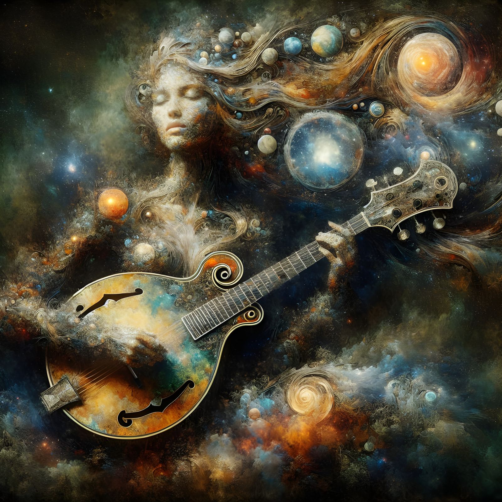 Ethereal Muse Plays Celestial Mandolin Amidst Cosmic Forest