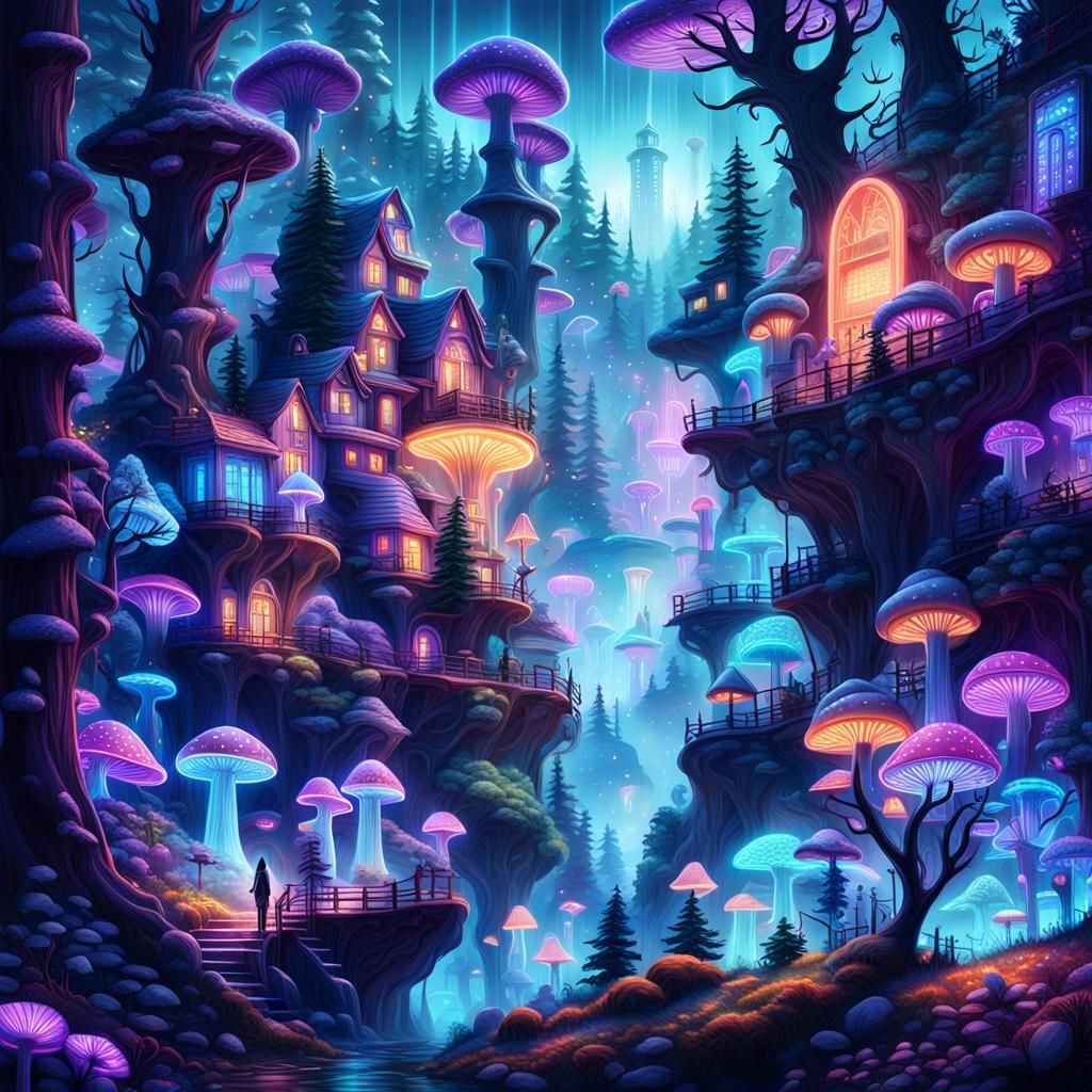 Neon Fantasy Village on Misty Mountainside