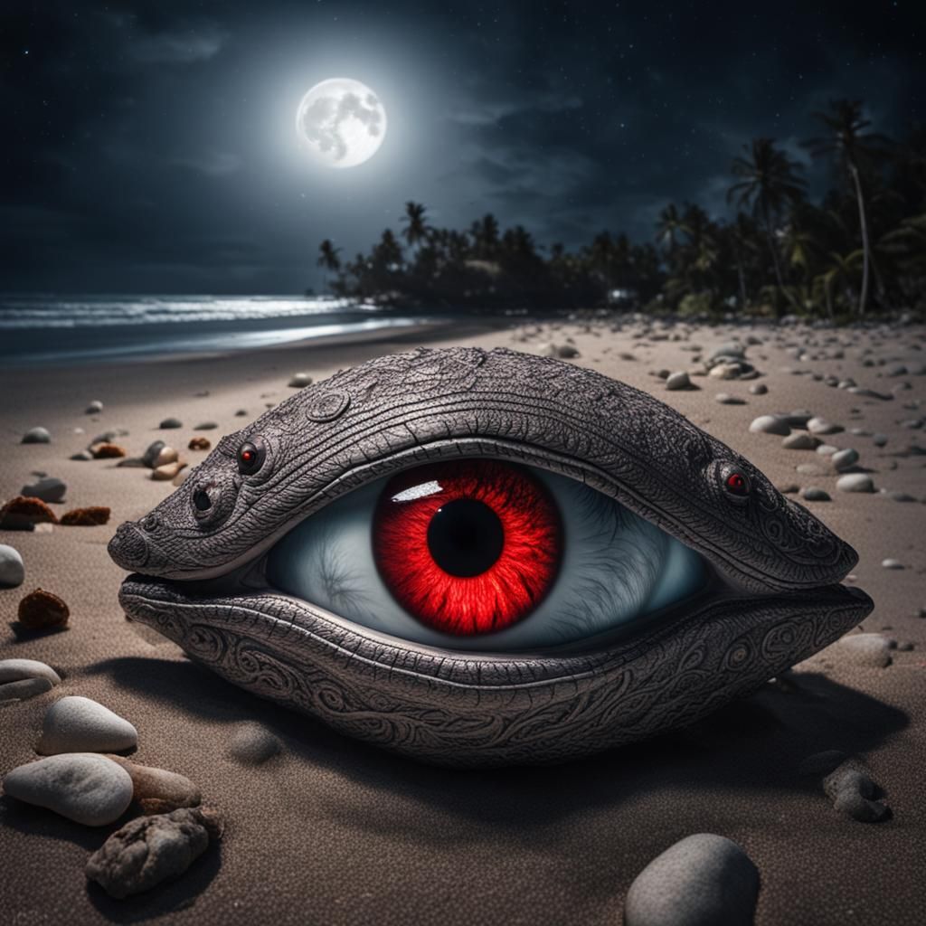 Hyperrealistic Red Eye on Beach in Moonlight